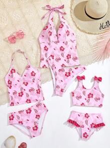 2 件套女童泳衣，可爱花卉印花，独立泳装套装，母子装（3 套单独出售） - 粉色 - 查看 1
