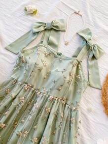 少女优雅纹理刺绣欧根纱连衣裙，时尚精致 - 綠色 - 查看 4