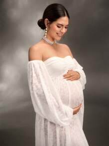 SHEIN 孕妇露肩灯笼袖连衣裙，适合洗礼、摄影、派对 - 白色 - 查看 6