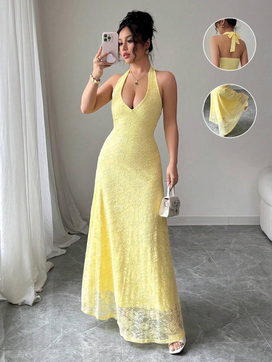 Rafferiza Elegant Bodycon Mock Neck Sleeveless Deep V Lining Full Lace Fabric Light Yellow Dress For Women, Spring/Summer - Light Yellow - View 1