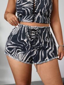 SHEIN Unity Plus Size Women Fashionable Casual Fringed Print Tie Waist Shorts - Multicolor - View 4