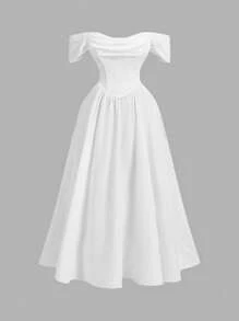 SHEIN MOD 大码露肩米色褶饰连衣裙，优雅适合各种场合 - 白色 - 查看 5