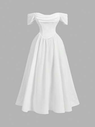 SHEIN MOD Beige Plissee-Panel Kleid mit Carmen-Ausschnitt in Große Größen, elegant für besondere Anlässe