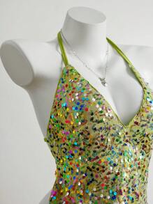 Women's Solid Color Sequin Fashion Halter Neck Camisole - Green - View 4