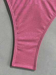 Swim Vcay Women's Shiny Fabric Halter Neck Shell Decor Sexy Pink Bikini Set For Summer Beach Vacation - Hot Pink - View 5