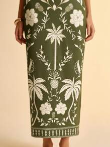 CAJUNI 女式度假波西米亚绿椰子树和热带花卉印花针织腰部收紧版型镂空后背带性感休闲夏季细肩带长裙 - 彩色 - 查看 6