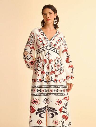 CAJUNI Resort Casual Tropical Floral & Geometric Retro Print Deep V-Neck Backless Tie Up Lantern Sleeve Ruffle Hem Dress For Women