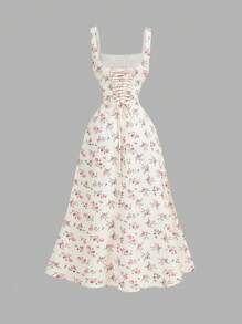 SHEIN MOD 方领蕾丝前片后褶碎花连衣裙，派对连衣裙，早午餐连衣裙，度假连衣裙，宴会连衣裙，情人节连衣裙，新年连衣裙，海滩度假装