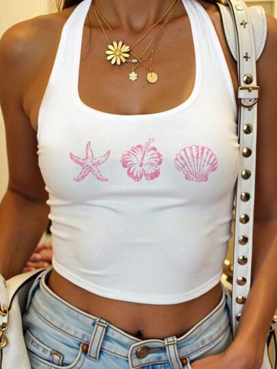 SHEIN EZwear Women Casual Starfish, Flower & Shell Print Pink Skinny Halter Neck Camisole, Suitable For Summer