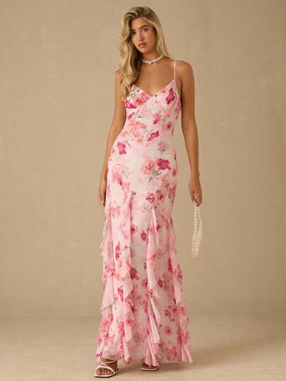 Enchnt Spring/Summer Romantic Women Flower Print Spaghetti Strap Ruffled Hem Maxi Dress,Sweet&Elegant For Vacation&Date&Holiday&Party&Graduation&Wedding Guest&Beach,Prom Dress,Summer Dresses For Women,Summer Clothes, ,Elegant Dresses For Party,Dresses For Women Summer