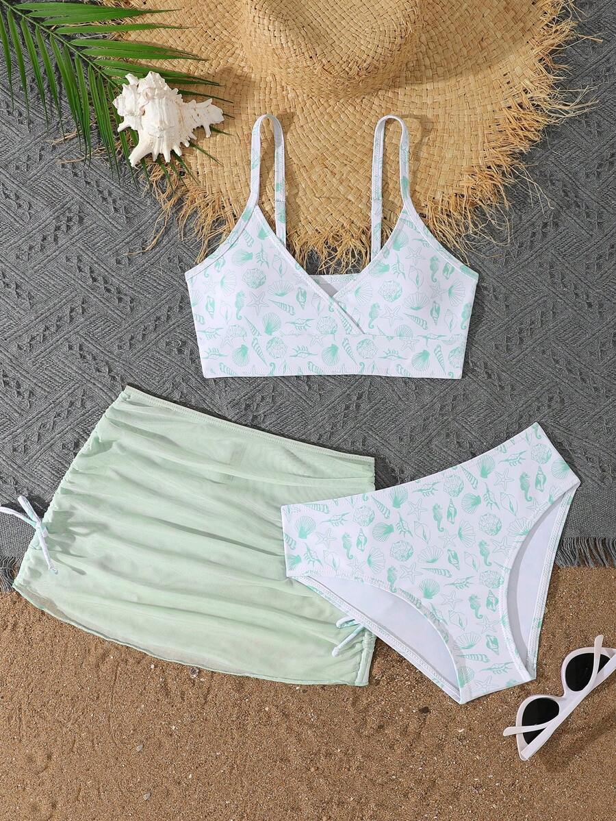 3件套 女童印花泳衣套装 夏季女童套装 少女女孩夏季套装 夏季服装套装 女童夏季套装