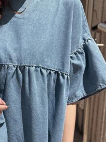 FRIFUL 女式牛仔衬衫，圆领泡泡袖，不对称下摆设计，宽松版型，百搭休闲、度假 - 中等水洗藍 - 查看 7