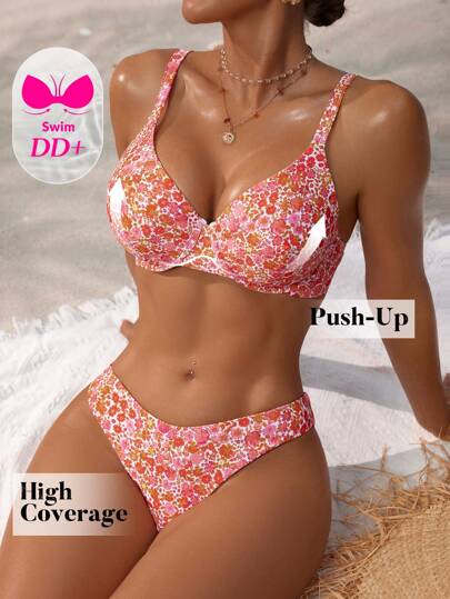 Swim DD+ DD+罩杯碎花聚拢钢圈两件套女式泳衣套装