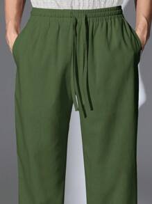 SUMWON Quần ống rộng vải lanh có dây rút, dáng trượt patin, thoải mái, nhẹ, mặc thường ngày, mùa hè, mùa xuân, quần dài Palazzo, phong cách tối giản, hiện đại, phù hợp cho kỳ nghỉ, nghỉ dưỡng bãi biển - màu xanh lá - Xem 8