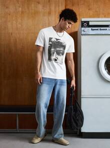 SWAVVY Men T-Shirts Fit Crew Neck Drop Shoulder Short Sleeve Graphic Tee Figures Street Summer Cotton - White - View 5