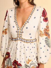 CAJUNI Women's Floral & Polka Dot Retro Print V-Neck Long Sleeve A-Line Mini Vacation Dress - Multicolor - View 4