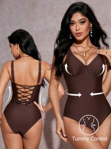 SHEIN Swim Women Solid Color Ruched Tankini Swimsuit With Underwire Support For Summer Beach Vacation