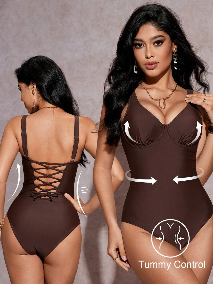 SHEIN Swim Women Solid Color Ruched Tankini Swimsuit With Underwire Support For Summer Beach Vacation