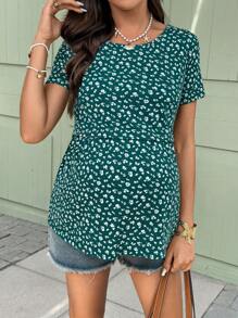 SHEIN Ditsy Floral Maternity Nursing Round Neck Short Sleeve Top Maternity Clothing Maternity Clothes Summer Maternity Tops Maternity Sets For Women, Maternity Floral Nursing Top