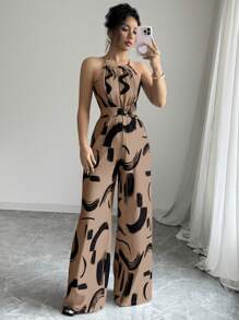 Elenzga 女式印花面料束腰连体衣，适合度假和日常优雅穿着 - 棕色 - 查看 4