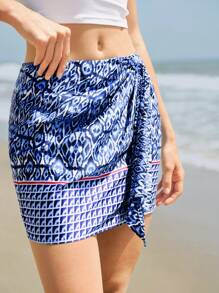 Maija Jupe mini A-line décontracté avec taille nouée pour femmes, imprimé géométrique bleu, plissée, confortable, convient pour l'été, l'usage quotidien, la plage et les vacances - Bleu azur - Voir 6