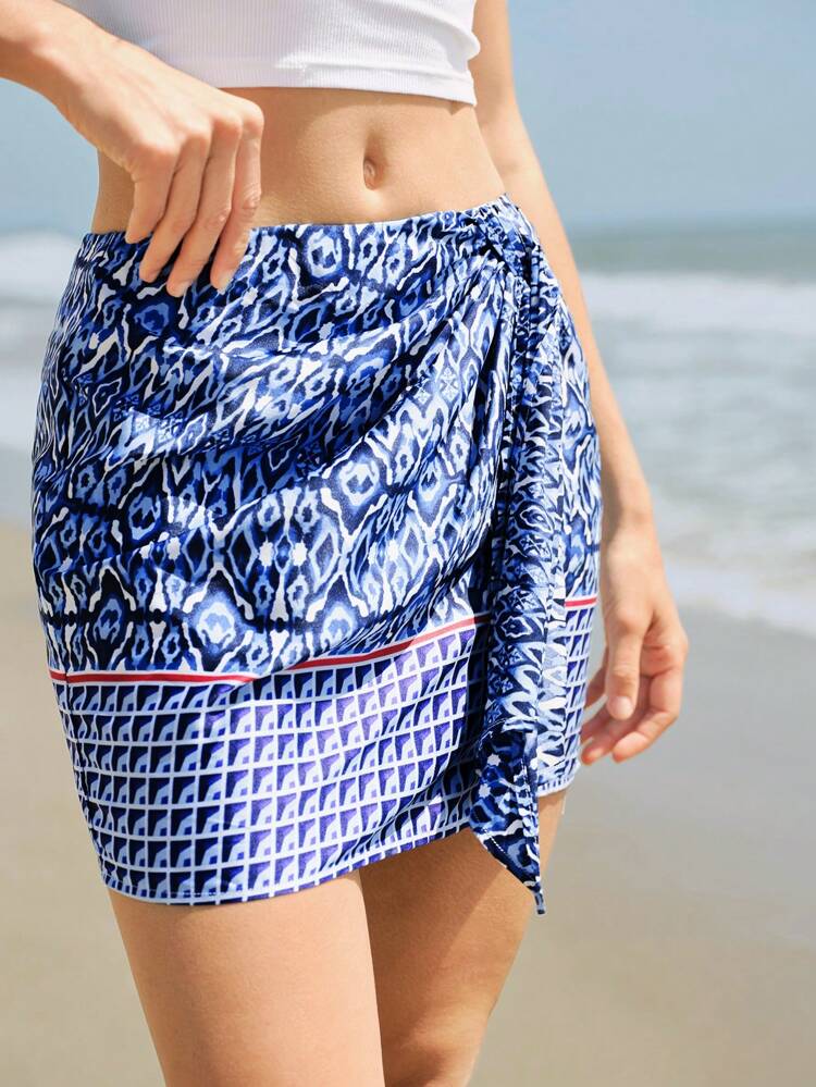 SHEIN Maija Women's Blue Geometric Print Pleated Tie-Waist Casual A-Line Mini Skirt, Comfortable, Suitable For Summer, Daily, Beach & Vacation Wear