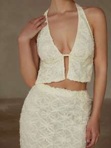 GENKIRA 2 件套女士套装：纹理无袖系带上衣和修身中长裙 - 米色 - 查看 1