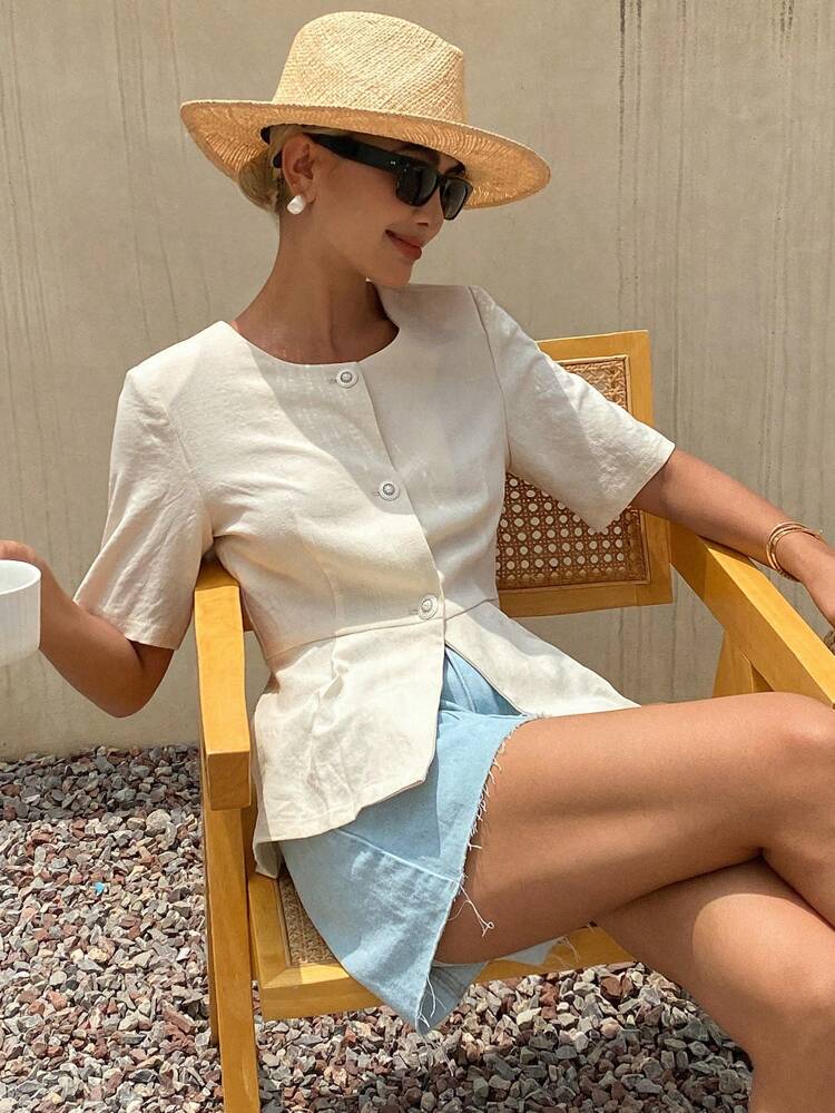 Women's V-Neck Slim Fit Short Sleeve Solid Color Thin Cardigan, Summer