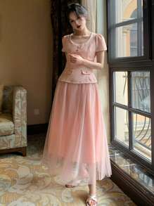 xheDAZY Vestido de media pantorrilla de malla de 2 en 1 para mujer, para primavera/veranoxhe - Rosa - Ver 7