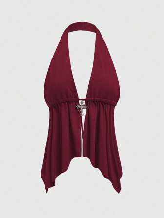 Goth Débardeur pour femmes à fines bretelles avec dos ouvert, décoré de pendentif croix en strass, style Y2K sexy