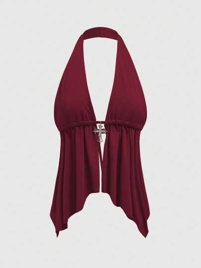 Goth Débardeur pour femmes à fines bretelles avec dos ouvert, décoré de pendentif croix en strass, style Y2K sexy