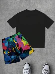 Manfinity LEGND Men's Street Style Cool Bear Head Printed T-Shirt And Vibrant Abstract Pattern Shorts Set - Multicolor - View 4