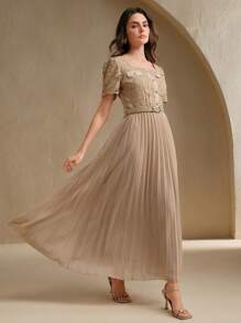 Anewsta Vestido de mujer nuevo, elegante, de línea A, de manga corta, con patchwork de encaje y gasa - Caqui - Ver 1