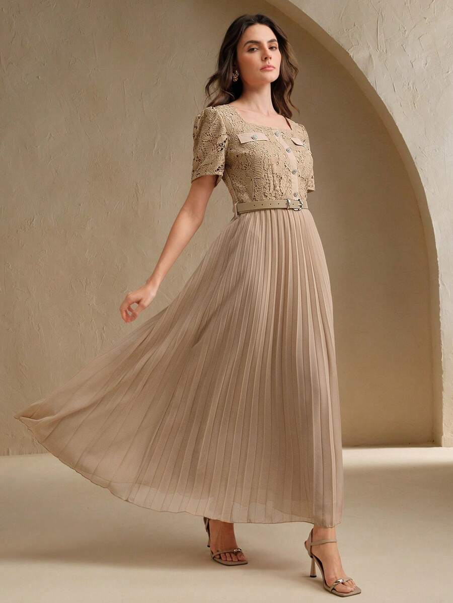 Anewsta Vestido de mujer nuevo, elegante, de línea A, de manga corta, con patchwork de encaje y gasa - Caqui - Ver 1