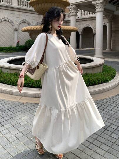 DAZY 女式宽松杏色系腰泡泡袖亚麻中长连衣裙