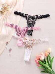 SHEIN 3 件女式低腰蕾丝丁字裤性感内裤，心形图案，随机方向 - 彩色 - 查看 4