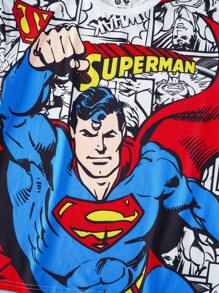 SUPERMAN X SHEIN Conjunto de camiseta de manga corta casual con estampado de superhéroes de dibujos animados y pantalones cortos de corte holgado para niño preadolescente - Blanco y Negro - Ver 4