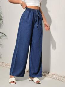 SHEIN PETITE CURVE 大码女式纯色打结休闲阔腿牛仔裤，松紧腰设计，夏季牛仔裤，情人节款 - 深色水洗藍 - 查看 3