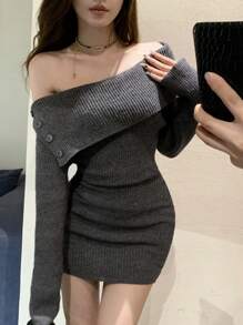 Livesso Oversized Collar Off Shoulder Asymmetric Knitted Mini Dress For Women,Fall Clothes Women Sweater Dresses