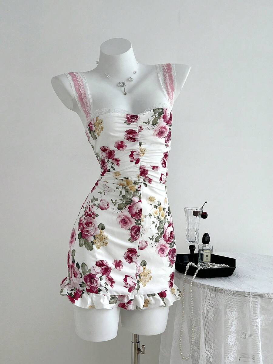 SHEIN Unity Đầm ôm body mini dây mảnh in họa tiết hoa có nhún bèo, tôn dáng - trắng - Xem 1