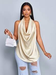 SOLERSUN Spring And Summer Women's Wear Leisure Vacation Apricot Glossy Fabric Deep V Neck Halter Straps Swing Neck Curved Hem Backless Straps Woven Fabric Vest