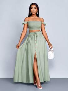 SOLERSUN 女士度假浪漫优雅亚麻露肩小飞袖短款上衣和 A 字前开叉长裙套装，女士两件套服装，休闲日常穿着 - 綠色 - 查看 1