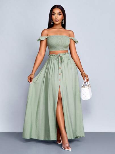 SOLERSUN Kadın Tatil Romantik Zarif Keten Gibi Omuzdan Bağlamalı Küçük Uçan Kollu Kırpılmış Üst Ve A Kesim Orta Ön Yırtmaçlı Uzun Etek Takım, Kadın İki Parça Kıyafetler, Günlük Giyim