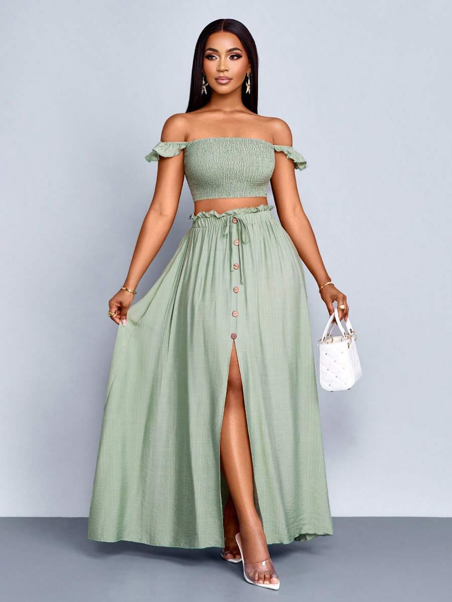 SOLERSUN 女士度假浪漫优雅亚麻露肩小飞袖短款上衣和 A 字前开叉长裙套装，女士两件套服装，休闲日常穿着 - 綠色 - 查看 1