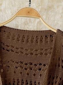 DreamSkyne 大码女式纯色海滩度假浪漫钩针编织网眼抽绳蝴蝶结开衫西部风 - 咖啡棕 - 查看 3