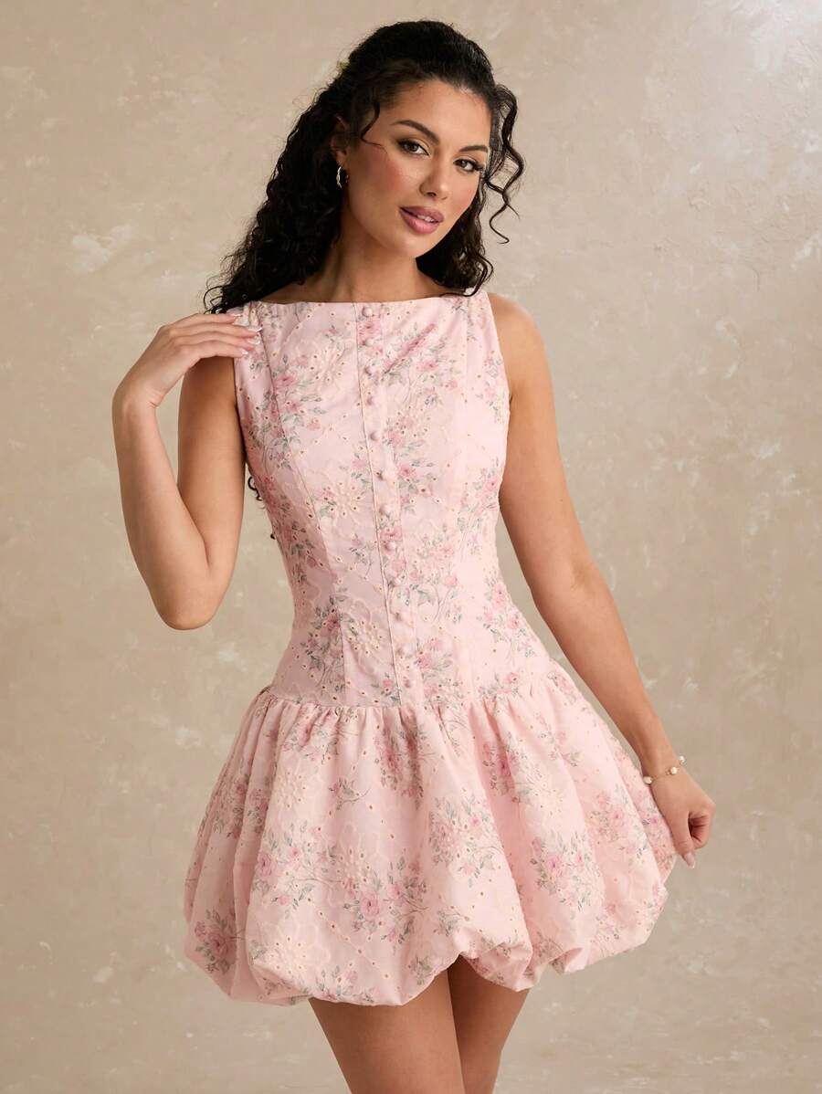 Enchnt Damska sukienka mini z haftem Burnt Flower i kwiatowym obszyciem