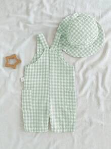 Vintaside Kids Baby Boys' Spring/Summer Plaid Overalls Shorts In White & Green, With Matching Accessories Hat, Fashionable & Versatile For Outdoor Play, Home Leisure, Daily Sports - Green - View 2