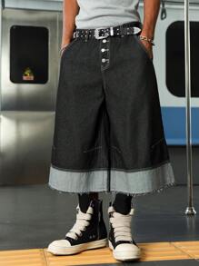 PAVTROS Manfinity Streetrush Men's Pocket Button Fly Frayed Edge Relaxed Fit Jeans Men S Wide Leg Jeans - Black - View 3