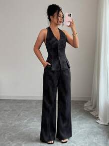 Elenzga 1 Set Women's V-Neck Striped Halter Top & Flare Leg Casual Pants, Elegant Outfit - Black - View 4