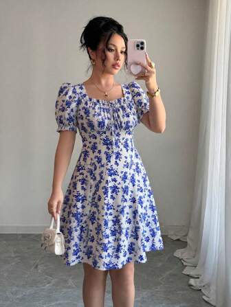 Rafferiza Women's Elegant Floral Print Square Neck Mini Dress, Ruffle Trim, Ruffle Sleeve, Suitable For Spring/Summer/Autumn